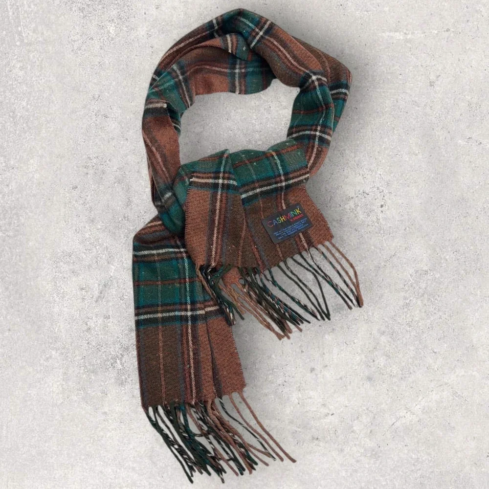 V. Fraas Cashmink Scarf Mens Brown Green Plaid Check Made in Germany RN66349